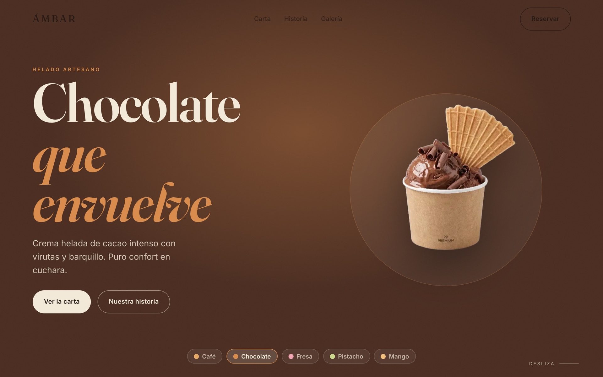Vista principal de la web de Ámbar — Hostelería · Café & Heladería