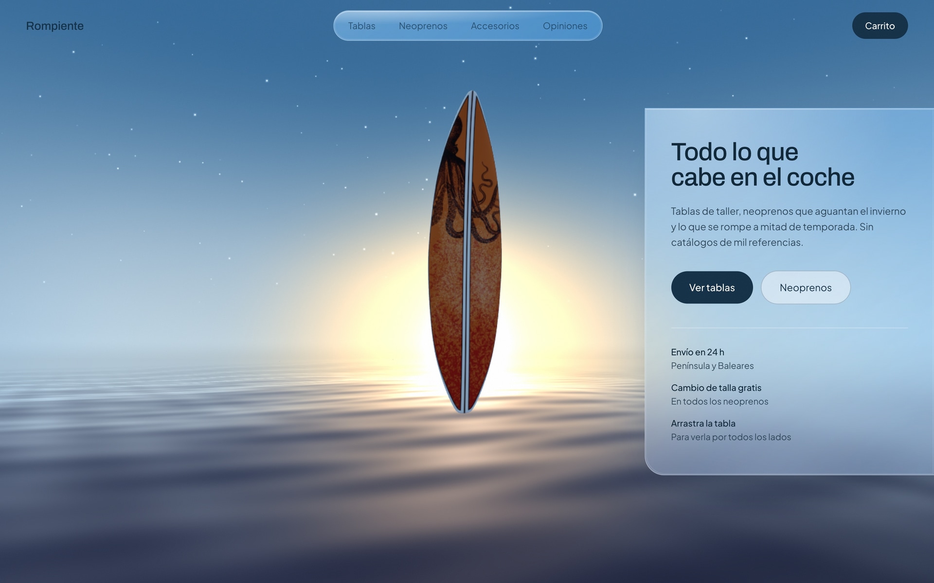 Vista principal de la web de Rompiente — E-commerce · Surf